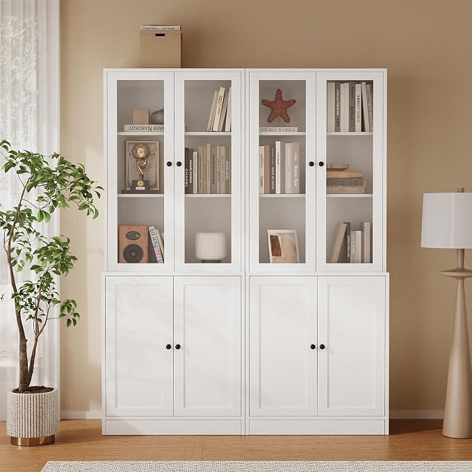 TUSY 71'' Bookshelf with Doors - 5 Tier Freestanding Tall Bookcase, Modern Storage Cabinet for Home Office, Curio Cabinets with Glass Door for Living Room, Bedroom (2, White)