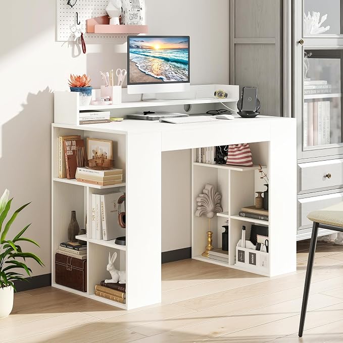 GOFLAME Computer Desk, 43” Home Office Desk with Power Outlets, Monitor Shelf, Bookshelf & Cable Hole, Modern Study Writing Desk, PC Workstation for Living Room Bedroom, White
