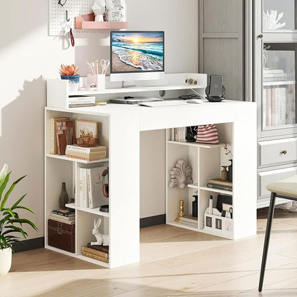 GOFLAME Computer Desk, 43” Home Office Desk with Power Outlets, Monitor Shelf, Bookshelf & Cable Hole, Modern Study Writing Desk, PC Workstation for Living Room Bedroom, White