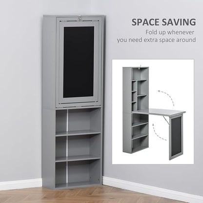Folding Wall Mounted Desk with Storage, Expandable Hidden Computer Desk, Foldable Space-Saving Pull Out Murphy Table, Writing Table with Blackboard for Home Office Bedroom Small Spaces (Charcoal grey)