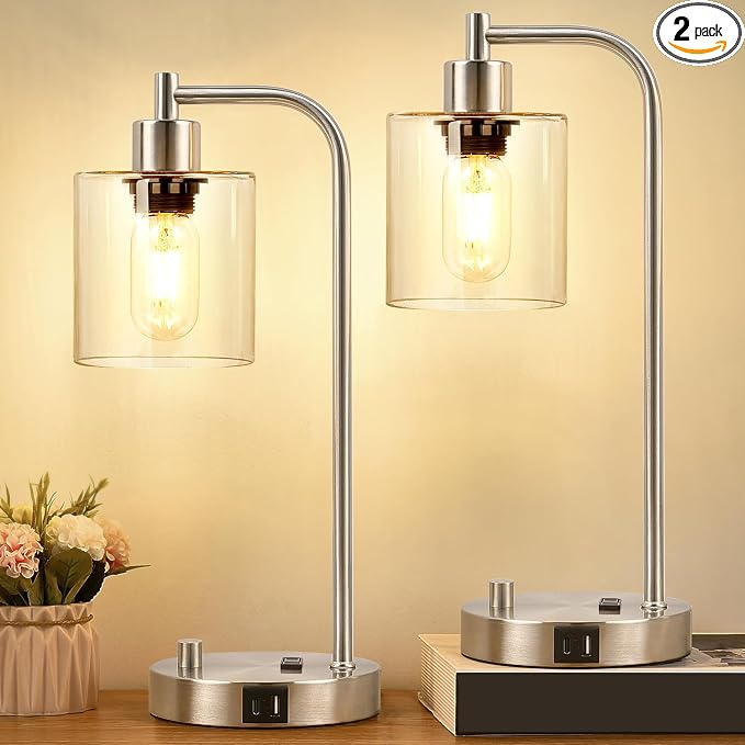 Set of 2 Industrial Table Lamps with USB C+A Ports and Outlet, Brushed Nickle Fully Stepless Dimmable Bedside Lamps, Nightstand Lamp with Clear Glass Shade for Bedroom Living Room 2 LED Bulb Included