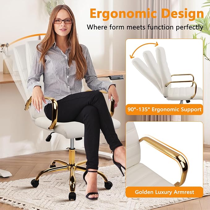 CLATINA White and Gold Office Chair, Leather Executive Computer Desk Chairs with Wheels, Ergonomic Swivel Chairs Task Stools with Arms, Height Adjustable for Home Bedroom Vanity and Living Room