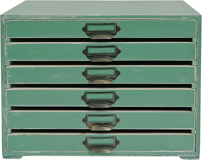 Vintage 6-Drawer Wooden Desktop Organizer Cabinet, Rustic Distressed Wood Card Catalog Cabinet, Antique Storage Box for Jewelry Cosmetics Craft Paper Home Office Decor (Green)