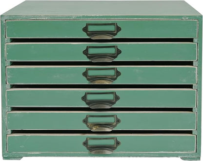Vintage 6-Drawer Wooden Desktop Organizer Cabinet, Rustic Distressed Wood Card Catalog Cabinet, Antique Storage Box for Jewelry Cosmetics Craft Paper Home Office Decor (Green)
