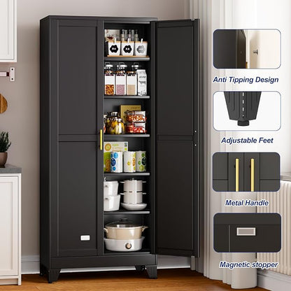 Metal Storage Cabinet with 2 Doors and 5 Adjustable Shelves - 74.8" Steel File Cabinet,Tool Cabinets for Office,Home,Garage,Gym,School (Black)