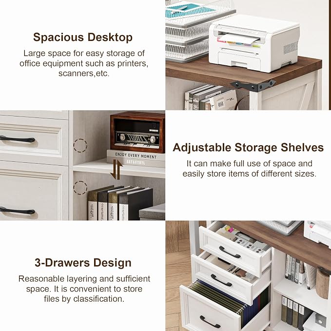 Halitaa 3 Drawer File Cabinet, Farmhouse Lateral Filing Cabinet Fits Files Letter or A4 Size, Wooden Printer Stand with Open Storage Adjustable Shelf for Home Office, Rustic White and Brown