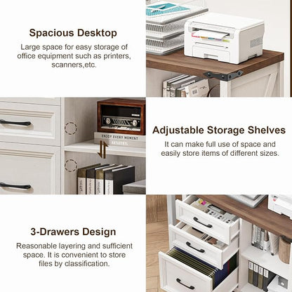 Halitaa 3 Drawer File Cabinet, Farmhouse Lateral Filing Cabinet Fits Files Letter or A4 Size, Wooden Printer Stand with Open Storage Adjustable Shelf for Home Office, Rustic White and Brown