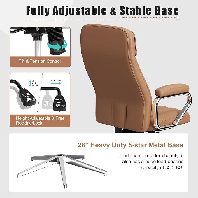 Okeysen Executive Office Chair, Modern Leather Chair with Headrest & Lumbar Support, High Back Ergonomic Chair with Padded Armrests & Seat, Height Adjustable Swivel Rolling Chair for Home Office.