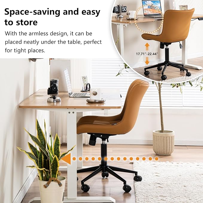 YOUNIKE Ergonomic Home Office Chair with Wheels Comfy Armless Desk Chair with Back Adjustable Height Modern Leather Upholstered Swivel Vanity Chair Small Cute Rolling Task Computer Chair Tan