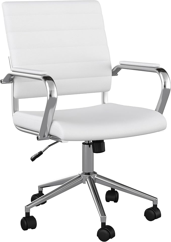 Martha Stewart Piper Swivel Task Chair with Armrests for Home Office in White Faux Leather with Polished Nickel Frame