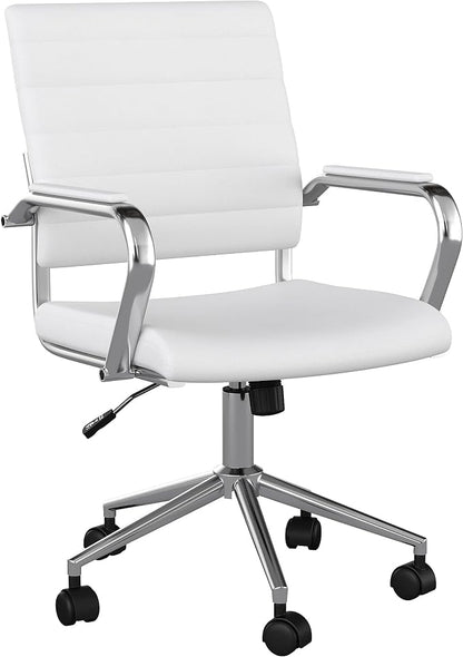Martha Stewart Piper Swivel Task Chair with Armrests for Home Office in White Faux Leather with Polished Nickel Frame