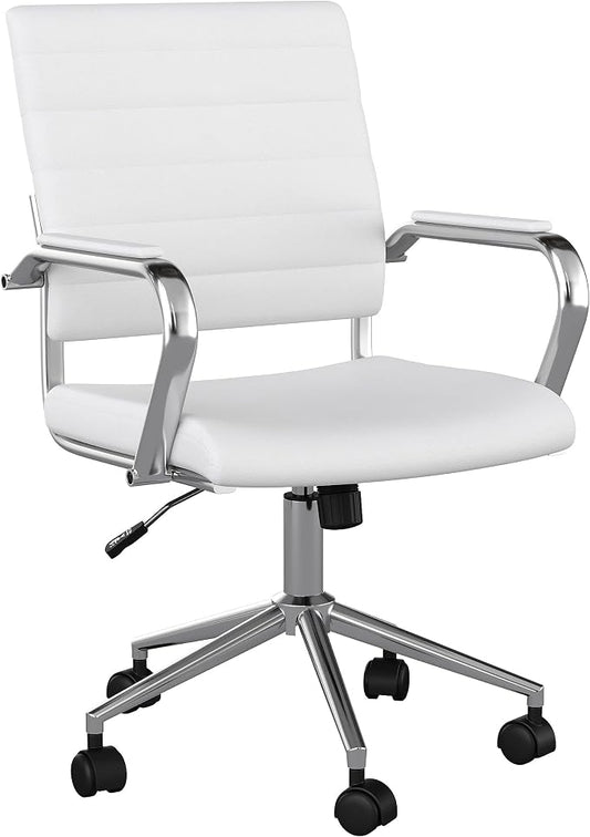 Martha Stewart Piper Swivel Task Chair with Armrests for Home Office in White Faux Leather with Polished Nickel Frame