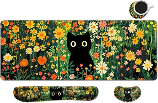 Desk Mat, Large Gaming Mouse Pad with Wrist Rest, 4 in1 XXL Mouse pad+Keyboard Wrist Rest+Mouse Pad Wrist Support+Cup Coaster Set, Ergonomic Desk Pad for Home Office,Floral Cat