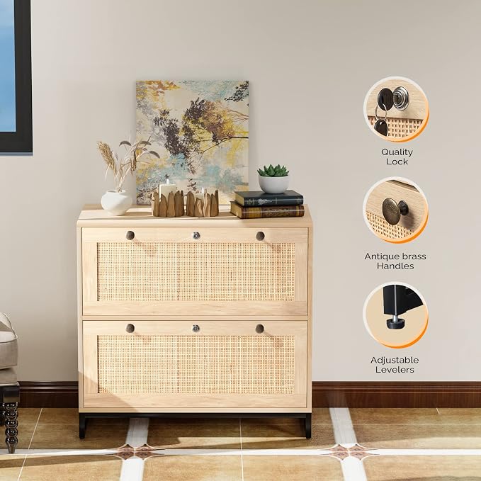 VINGLI Wood Rattan 2 Drawer Lateral File Cabinet with Lock for Home Office, Lockable Filing Cabinet with Rustic Metal Handles for Hanging Letter/A4/Legal Size Labeled Folders, Oak, 30W x 16D x 28H