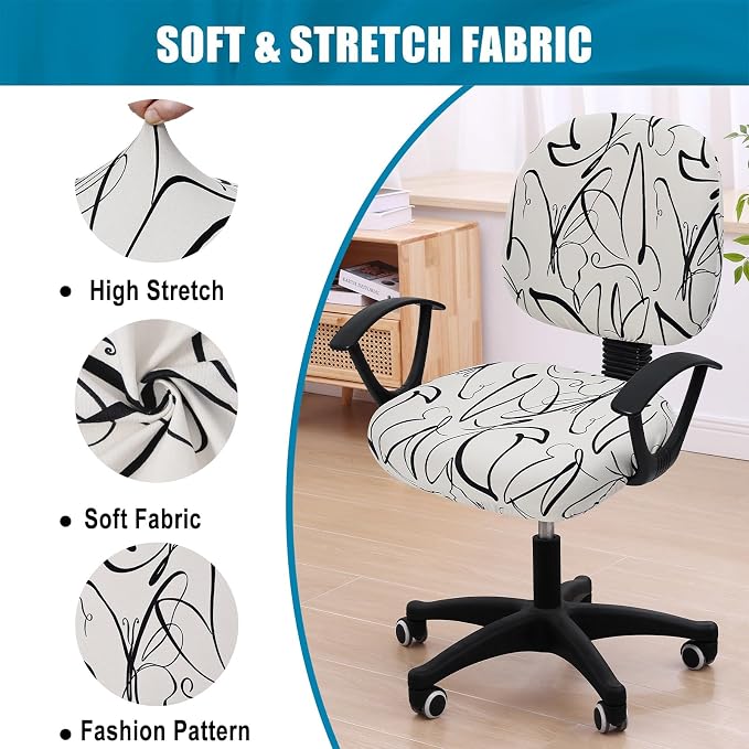 Smiry Stretch Printed Office Computer Chair Covers, Universal Washable Removable Desk Rotating Chair Slipcovers Protector, Seat + Backrest Cover - Beige and Black