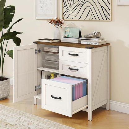 Halitaa Lateral File Cabinet with 3 Drawers, Farmhouse File Cabinet for Letter/A4 Size Hanging Files, Large Wood File Storage Cabinets Printer Stand for Home Office Furniture, Rustic White