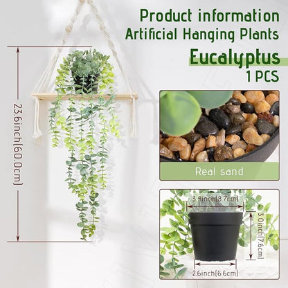 Artificial Hanging Eucalyptus Plant in Pot, 24" Fake Hanging Plants for Home Decor, Faux Hanging Greenery for Shelf Bathroom, Kitchen, Office, Wall, Bedroom, Indoor Decor