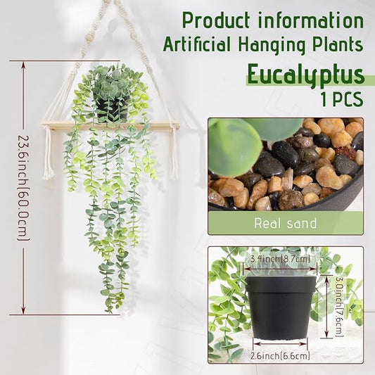 Artificial Hanging Eucalyptus Plant in Pot, 24" Fake Hanging Plants for Home Decor, Faux Hanging Greenery for Shelf Bathroom, Kitchen, Office, Wall, Bedroom, Indoor Decor