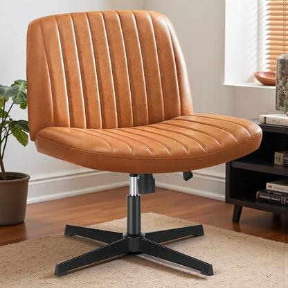 OLIXIS Criss Cross Legged Chairs Armless No Wheels Wide Seat Height Adjustable Swivel Padded PU Leather Home Office Desk Seating for Bedroom, Student, Study Room