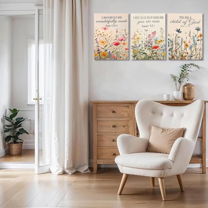 3Pcs Christian Floral Scripture Canvas Wall Art, Wildflower Bible Verse Posters Wall Decor, Psalm Religious Faith Art Pictures Prints for Living Room Bedroom Decorations 12x16in Framed