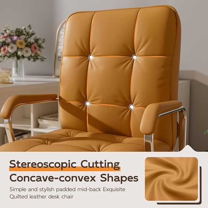 HomeZeer Brown Office Chair, Mid Back Leather Desk Chair with Wheels and Padded Arms, Swivel Vanity Chair for Bedroom, Computer Chair for Study and Work