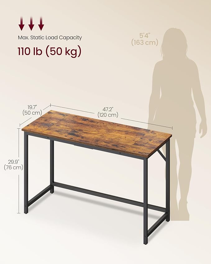 VASAGLE Computer Desk, Office Work Desk, 47.2 x 19.7 x 29.9 Inches, for Study, Bedroom, Home Office, Living Room, Rustic Brown and Ink Black ULWD212K101