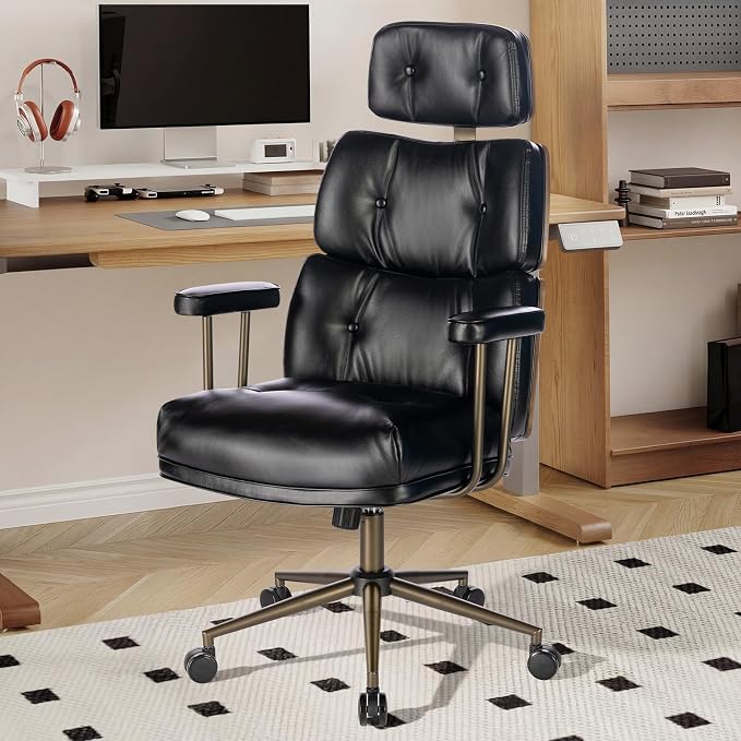Mid-Century Modern Ergonomic Office Chair,High Back Faux Leather Executive Desk Chair with Walnut Bentwood & Headrest,Adjustable Swivel Computer Chair for Home Office,Black