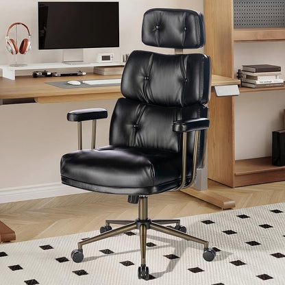 Mid-Century Modern Ergonomic Office Chair,High Back Faux Leather Executive Desk Chair with Walnut Bentwood & Headrest,Adjustable Swivel Computer Chair for Home Office,Black