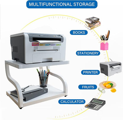 PUNCIA 2 Tier Wood Printer Stand with Storage Heavy Duty Desktop Shelf | White Modern Minimalist Style Fits Laser Printers Copiers Fax Machines, Organizer for Home Office Dorm Small Spaces