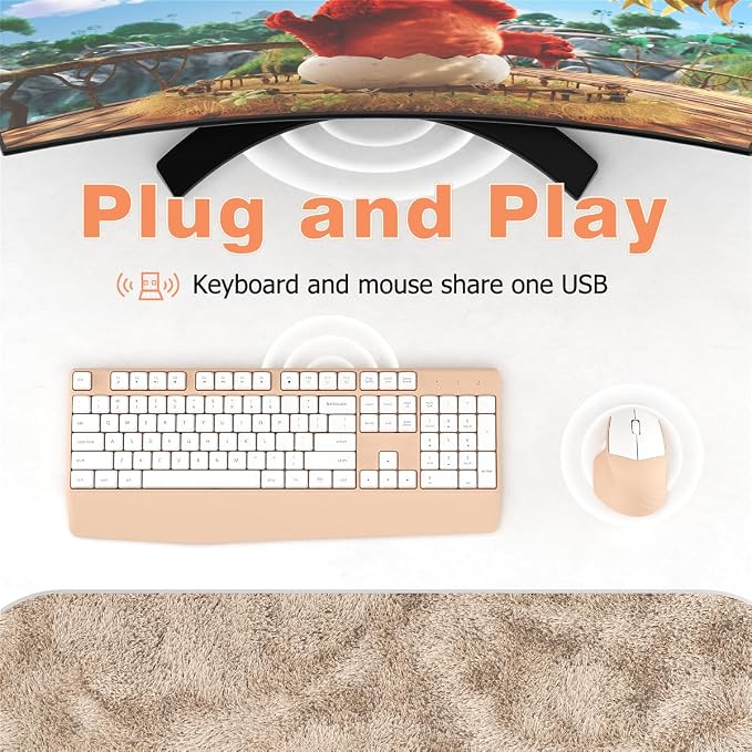Wireless Keyboard and Mouse Combo, Ergonomic Keyboard with Wrist Rest, 2.4Ghz Wireless Connection, Compatible with PC/Laptop/Windows/Mac for Home and Office Use (White Milk Tea)