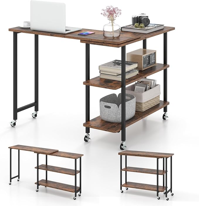 Tangkula 360° Rotating Sofa Side Table, Patented Mobile End Table with 2-Tier Storage Shelves, Swivel Rolling Desk with 6 Lockable Wheels, Metal Frame, Movable Laptop Table Couch Snack Table for Home