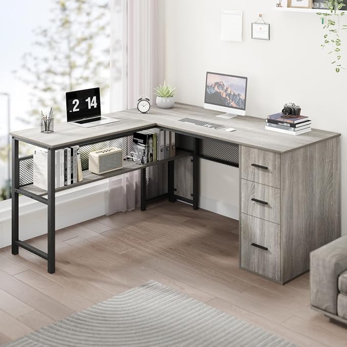 LVB Reversible Gray L Shaped Corner Desk, Farmhouse Wood Computer Desk with File Drawers Cabinets, Large Work Study Executive Home Office Desk with Storage Shelves for Bedroom, Light Grey Oak, 59 Inch