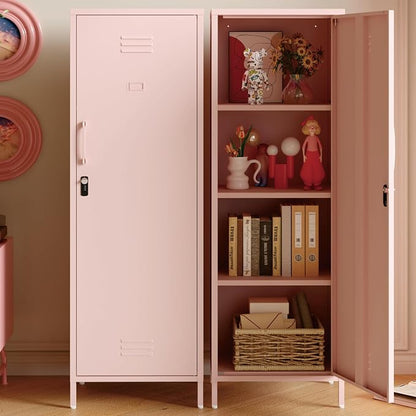 Metal Locker Storage Cabinets,59" H Pink Locking File Cabinets with 2 Doors and Shelves for Dining Room, Living Room,Bathroom Office,Home,Garage, Gym, School