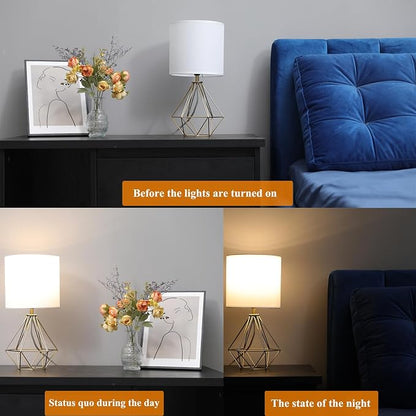 Gold Modern Small Table Lamp for Bedroom & Living Room - Geometric Metal Base, White Fabric Shade, Ideal for Bedside & Kids' Desk, Nightstand Lamp