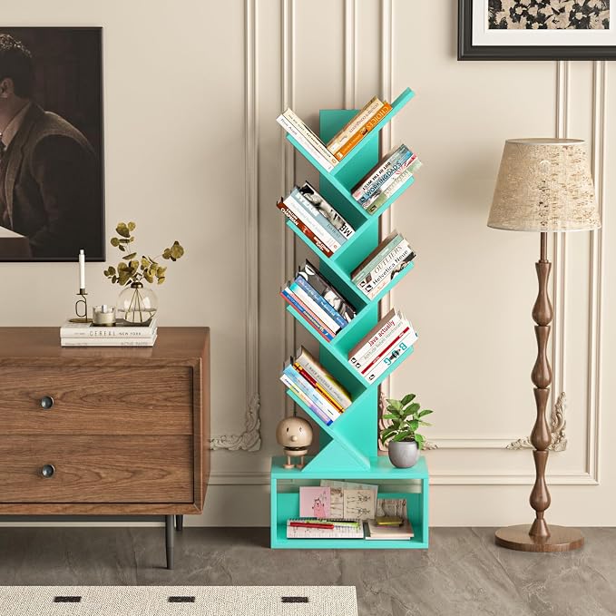 SHEEPAM 9 Tier Tree Bookshelf,Christmas Green Bookcase for Narrow Space, Storage Organizer Floor Standing Bookshelves for Books, Tall Book Case for Home Office, Living Room, Bedroom