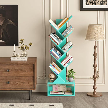 SHEEPAM 9 Tier Tree Bookshelf,Christmas Green Bookcase for Narrow Space, Storage Organizer Floor Standing Bookshelves for Books, Tall Book Case for Home Office, Living Room, Bedroom