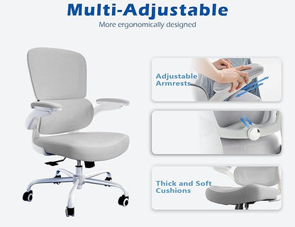 TRALT Ergonomic Office Chair - Desk Chair with Adjustable Lumbar Support Computer Chair - Mesh Comfy Chair with Flip-up Armrests - Gaming Chairs for Adults Home Office (Leather, Grey)