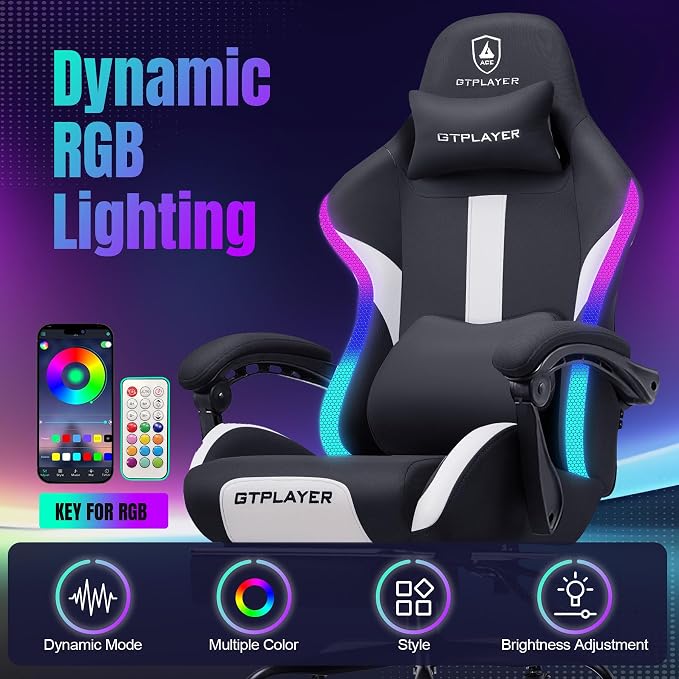GTPLAYER RGB Gaming Chair with Footrest, LED Lights, Ergonomic Computer Chair with Linkage Armrest, Breathable Fabric for Home Office Desk - Video Game Chairs for Adults, Standard RGB