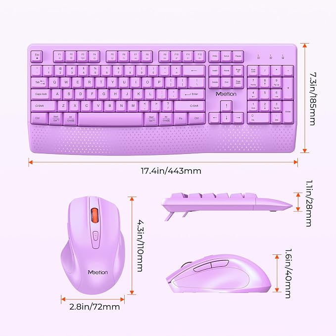 MEETION Wireless Keyboard and Mouse, Full-Sized Cordless Keyboard with Wrist Rest and 3 DPI Adjustable Mouse, 2.4G Wireless, Purple, for PC/Computer/Laptop/Windows/Mac