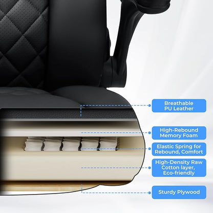 VANSPACE Executive Office Chair Big and Tall 450lbs Heavy Duty Desk Chairs with Adjustable Lumbar Support High Back Home Computer Leather Chair with Flip-up Armrests for Heavy People,Black
