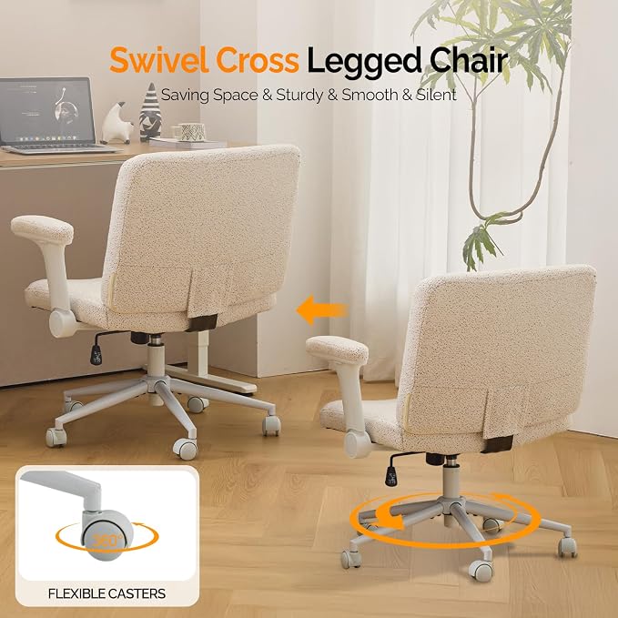 VINGLI Criss Cross Chair with Adjustable Flip-Up Arms,Cross Legged Chair with Wheels,Extra Wide Office Chair,Desk Chair for Home Office,Vanity,Bedroom, Apartment,Starry Chenille,White