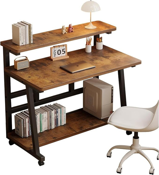39.4 Inch Rolling Computer Desk for Small Spaces, Monitor Stand & 3-Tier Storage with Lockable Wheels, Easy Assembly for Bedroom, Dorm & Apartment