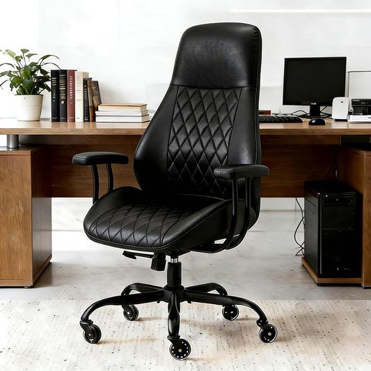E-Ser Leather Desk Chair, Mid Century Modern Office Chair, Black | Lumbar Support, Ergonomic, 360° Swivel, Rubber Rolling Wheels, Adjustable Height, for Adults