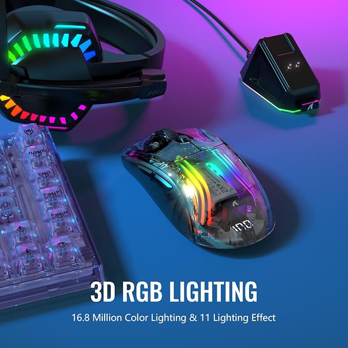 ATTACK SHARK X2 Pro Wireless Gaming Mouse with RGB Charging Dock,Tri-Mode PC Gaming Mice 2.4G/Bluetooth/Wired,Noiseless Mouse RGB Backlit,Transparent Shell,PixArt 3212 4000 DPI,for Win/MAC,Black