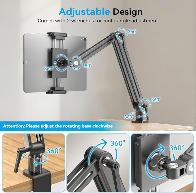Jakeko Adjustable Portable Monitor Stand 15.6" - 360° Rotating Base Tall Tablet Desk Arm Holder Stand for iPad Air/Pro/Mini Swivel Flexible Clamp Mount Soporte para Tablet/Monitor Portatil/Ereader