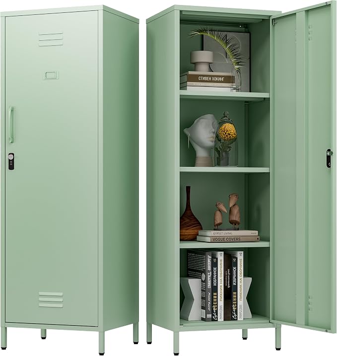 Metal Locker Storage Cabinet with Adjustable Shelves, 59" H Green Locking Tool File Cabinets Kids Snack Locker Organizer for School Classroom,Gym Home Office,Entryway and Hallway