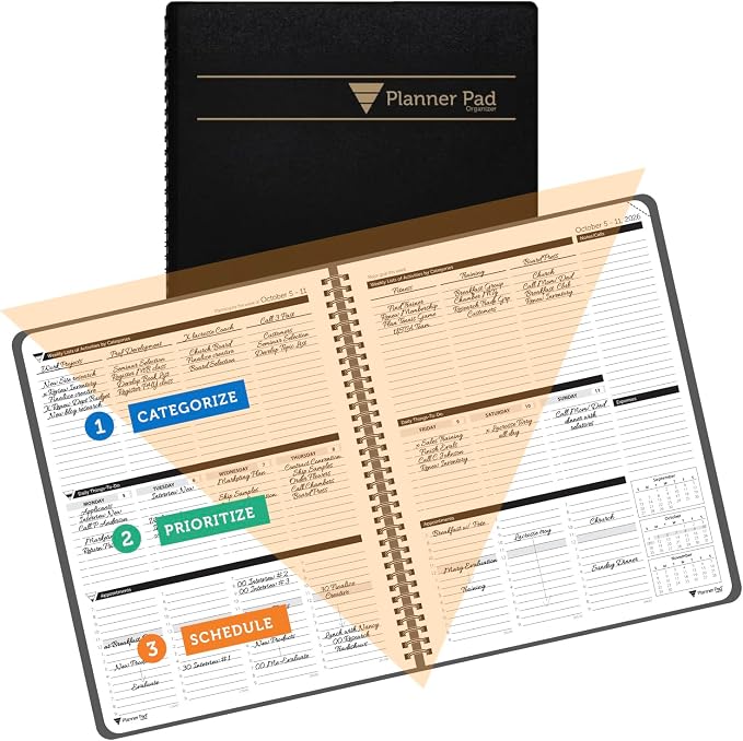 Planner Pad Spiral Bound 3-Tier Funnel Down 12 Month Organizer, October 2026 – September 2027, Black Cover/Black Ink, 8 1/2" x 11"