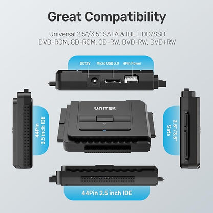 Unitek USB C to IDE and SATA Converter External Hard Drive Adapter Kit for Universal 2.5/3.5 HDD/SSD Hard Drive Disk, One Touch Backup Function, Included 12V/2A Power Adapter