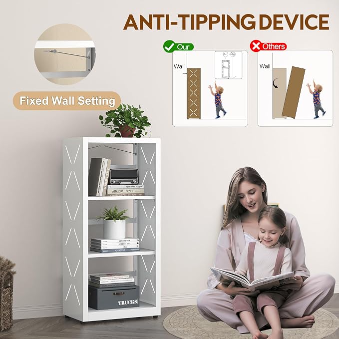 UNICOLY Bookshelves and Bookcases, 3 Tier Metal Bookshelf with Adjustable Shelves and Bookends, Open Shelf Bookcase, Display Shelves for Home Decor Bedroom, Living Room, Home Office, White