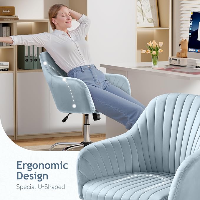 Warmiehomy Velvet Desk Chair for Home Office, Girls' Vanity Chairs with Arm Rest, Office Chair with Wheels, Computer Chair for Room, Velvet Dusk Blue